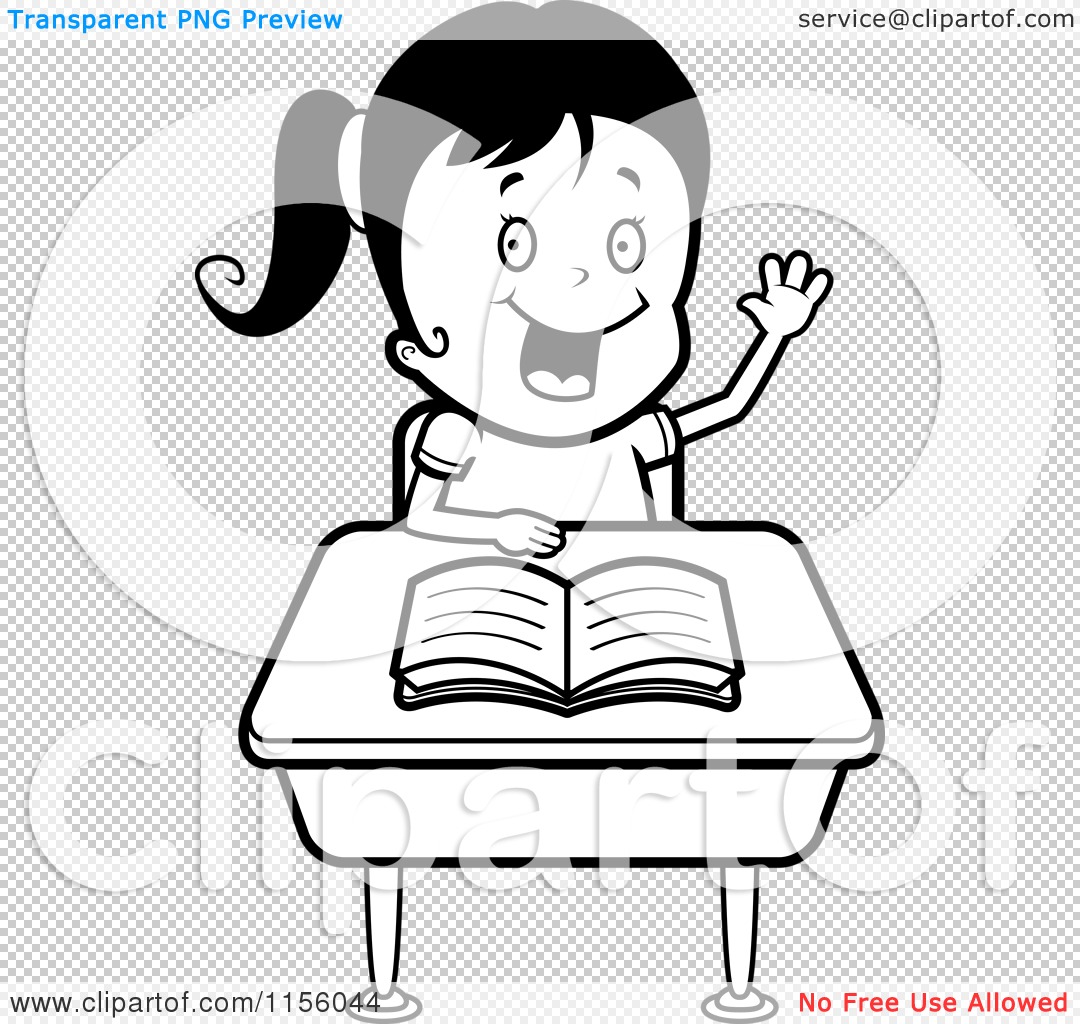 Cartoon clipart of a black and white girl raising her hand at her desk