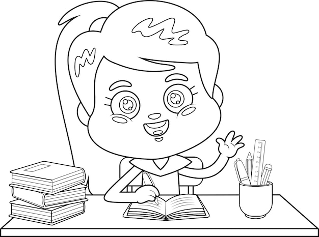Premium vector outlined cute school girl cartoon character raising hand in classroom sitting at desk
