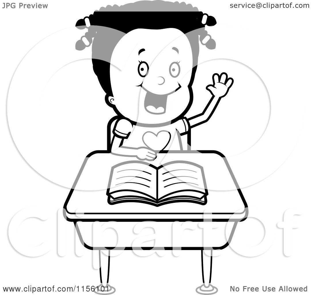 Cartoon clipart of a black and white black girl raising her hand at her desk