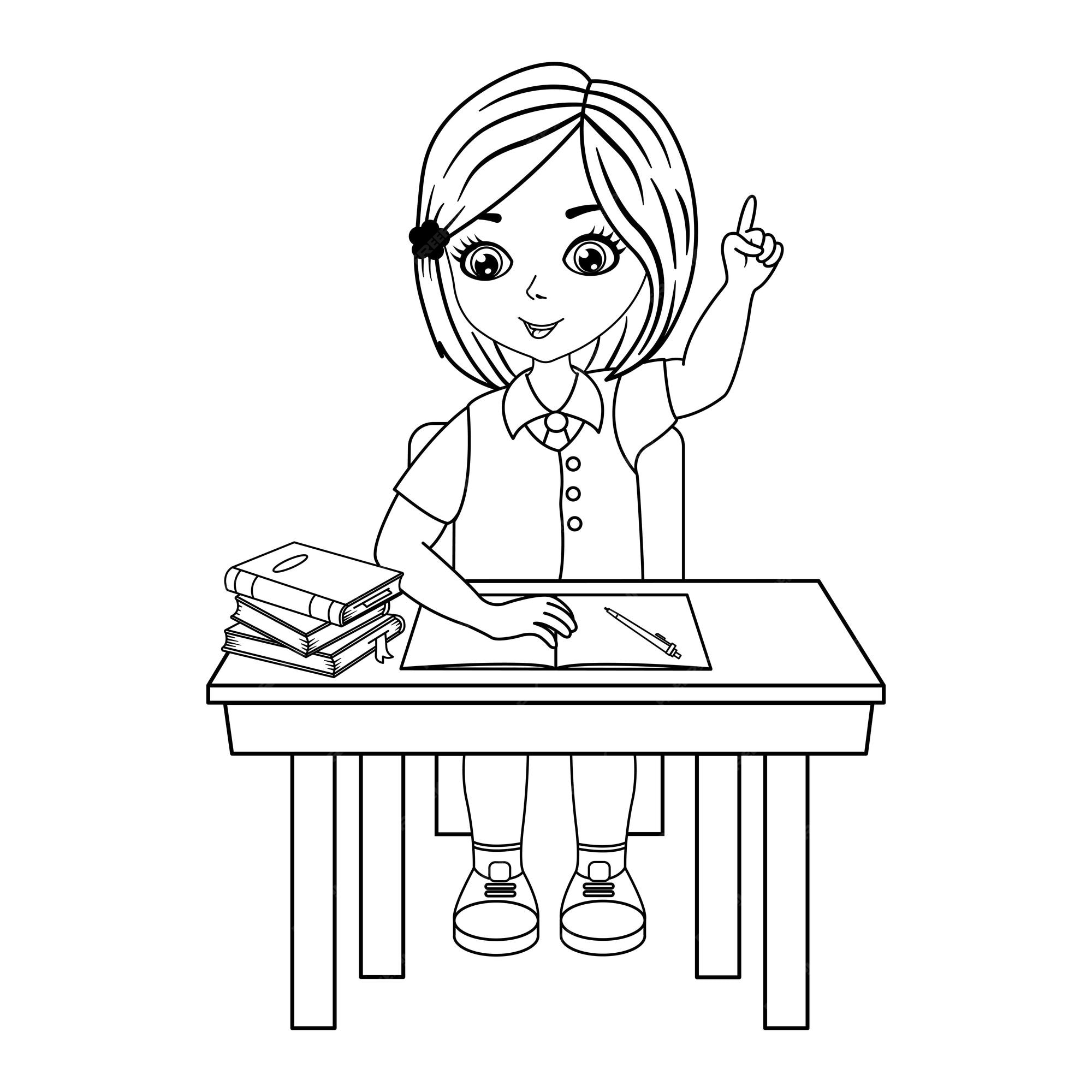 Premium vector schoolgirl raises hand in lesson for coloring page