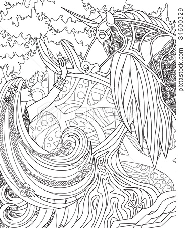 Lady raising hand and unicorn standing facing