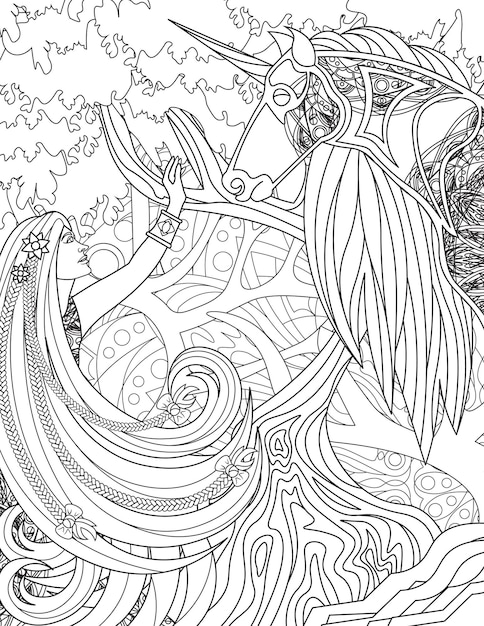 Premium vector lady raising hand and unicorn standing facing each other with forest backgroun line drawing woman