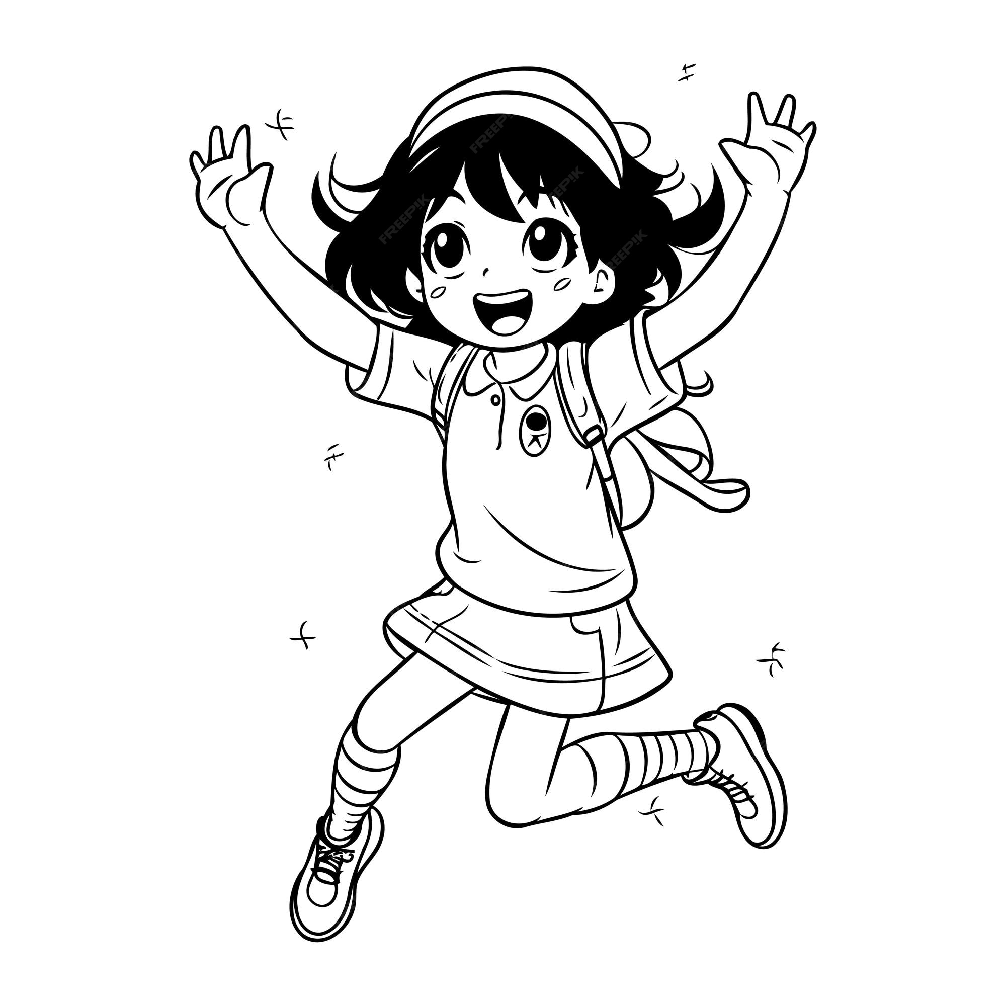 Premium vector happy little girl jumping with raised hands black and white vector illustration