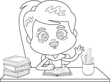 Premium vector outlined cute school girl cartoon character raising hand in classroom sitting at desk