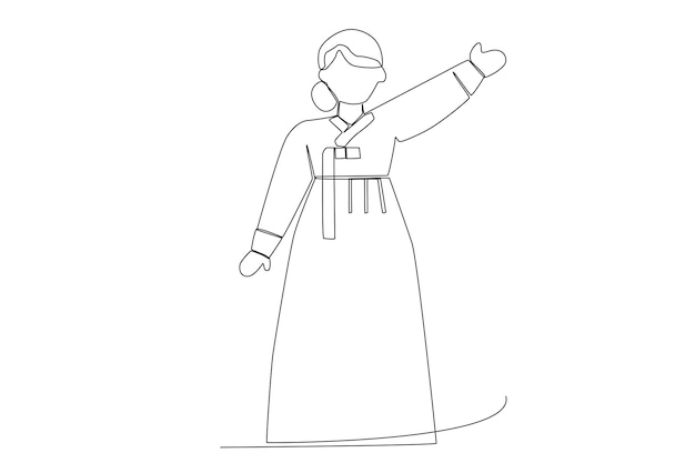 Premium vector a happy woman raising one hand on korean new year