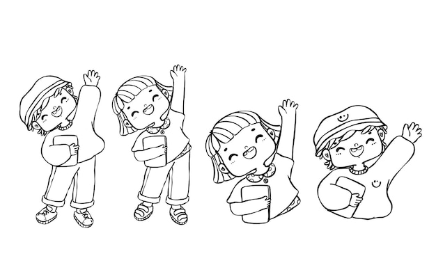 Premium vector happy students raising hands with books cheerful back to school doodle sketch