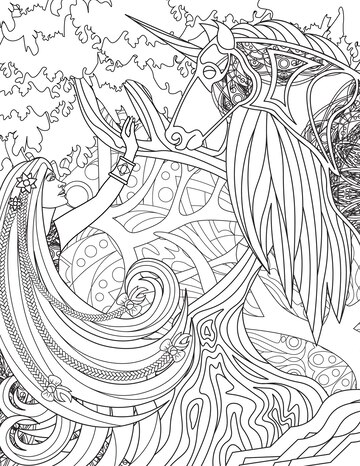 Premium vector lady raising hand and unicorn standing facing each other with forest backgroun line drawing woman