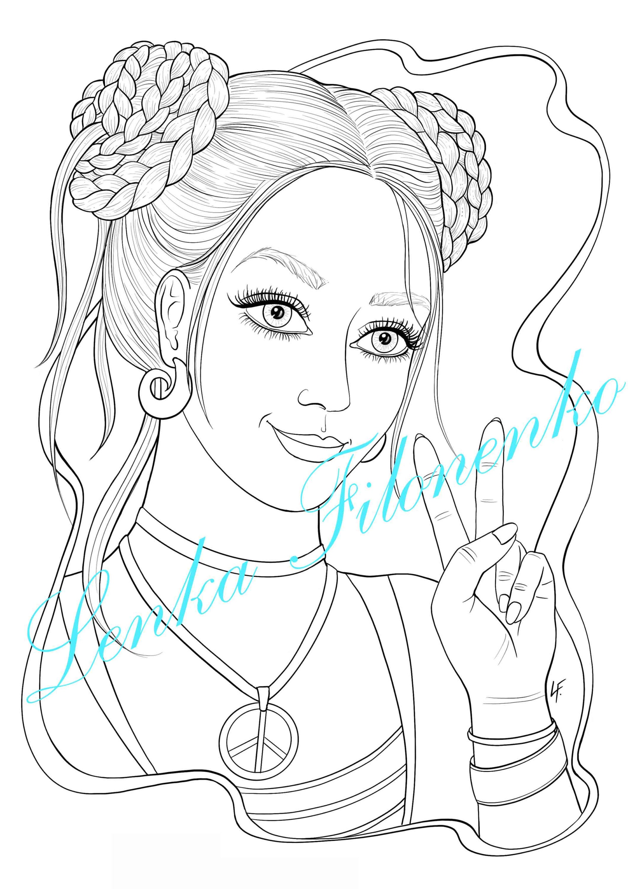 Coloring page for adults young girl peace sign pdf download and print