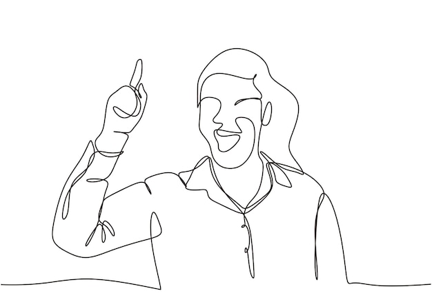 Premium vector one line drawing of idea business woman a girl raising hand get inspiration and smart ideas