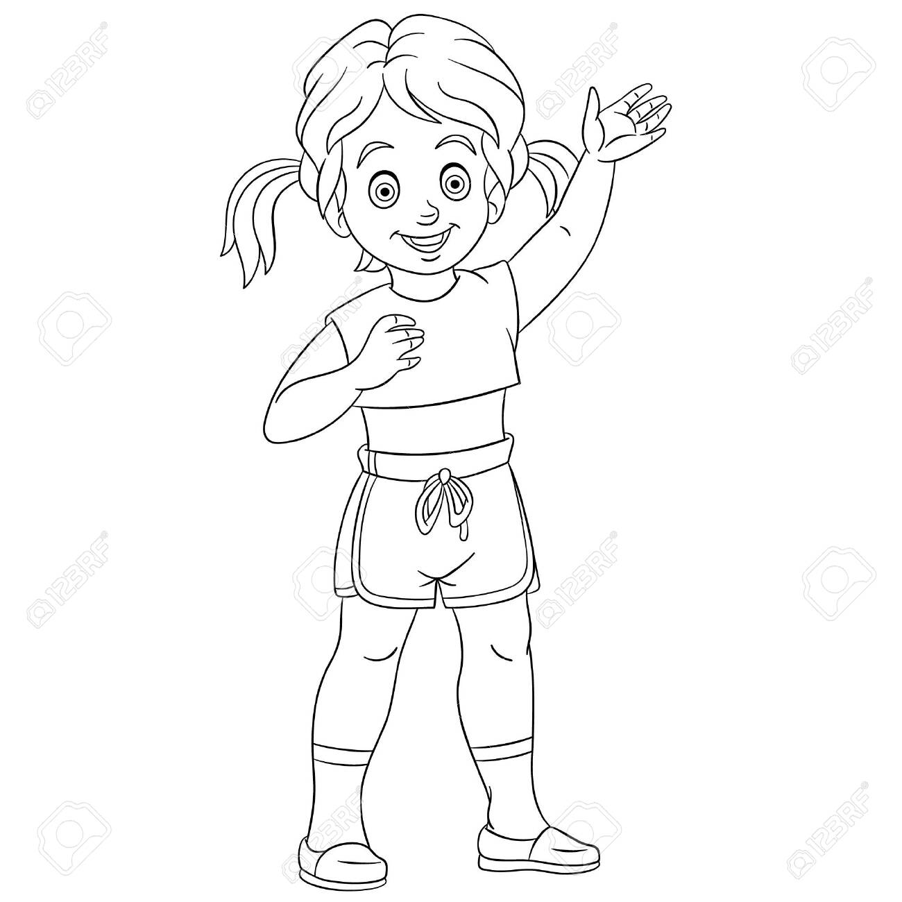 Coloring page coloring picture of cartoon happy girl waving her hand childish design for kids activity colouring book about childhood royalty free svg cliparts vectors and stock illustration image