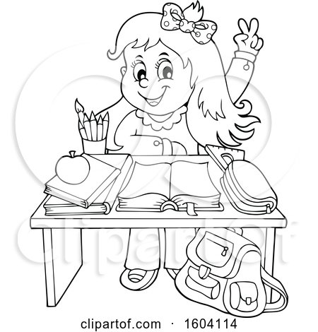 Clipart of a lineart school girl raising her hand at her desk