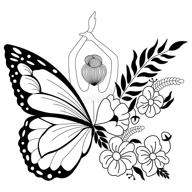 Girl butterfly with raised hands and flowers drawn in the style of minimalism stock vector