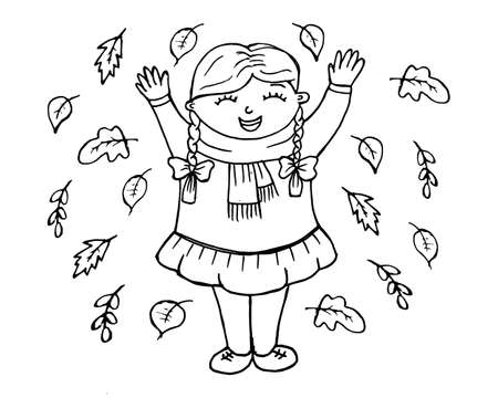Illustration hand drawn cheerful girl with raised up arms and pigtails rejoices at falling leaves and bright autumn leaves poster banner royalty free svg cliparts vectors and stock illustration image