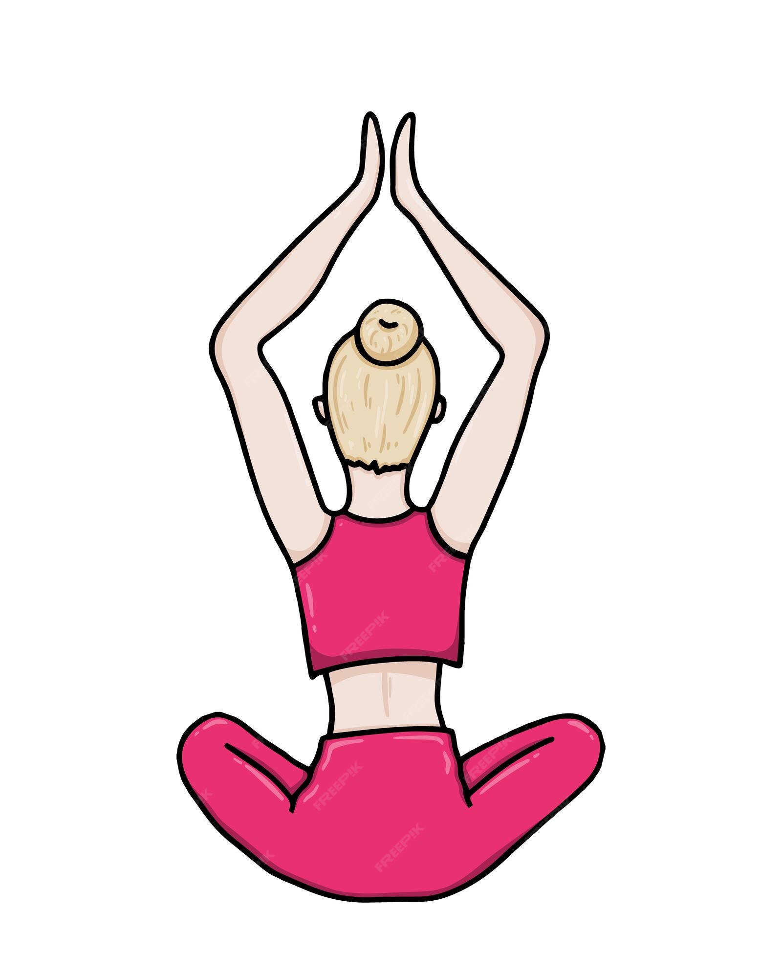 Premium vector girl sitting in the lotus position with her hands raised up healthy lifestyle sport yoga linear doodle cartoon coloring book