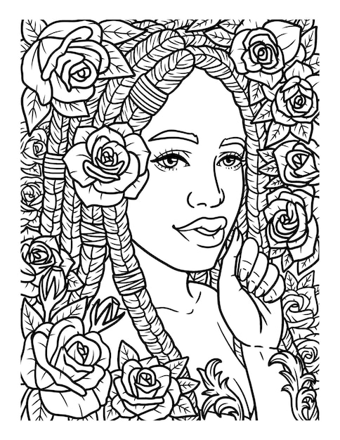 Premium vector afro american girl with rose coloring page