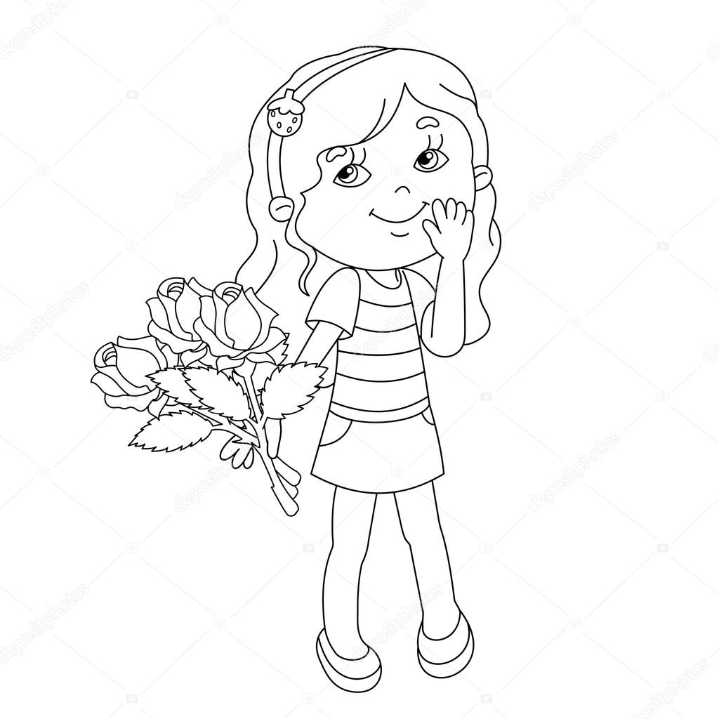 Coloring page outline of girl with bouquet of roses in hand stock vector by oleon