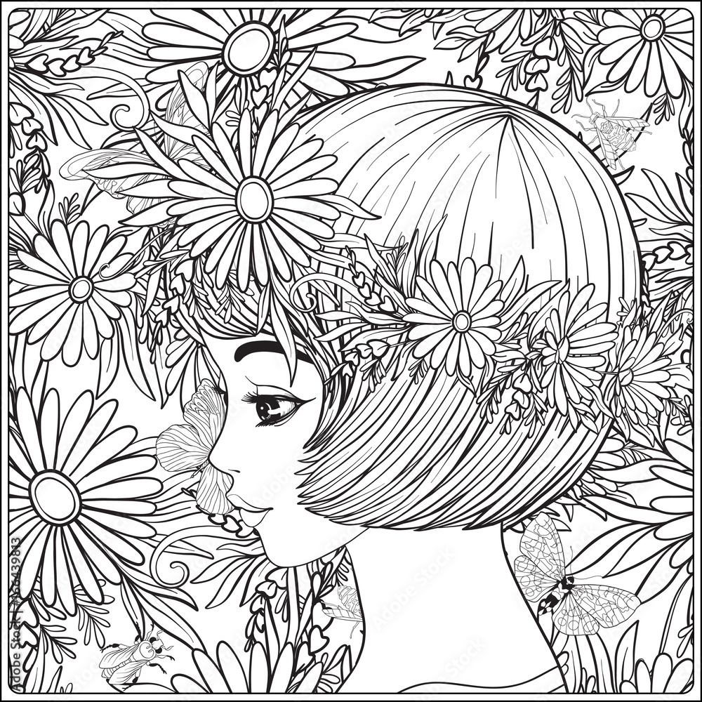 A young beautiful girl with a wreath of flowers on her head against the background of a flower pattern outline hand drawing coloring page for adult coloring book vector
