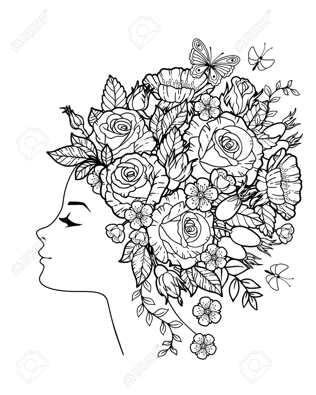 Coloring book for adults silhouette of head woman with a flowers instead hairstyle braided in the hair of roses flowers royalty free svg cliparts vectors and stock illustration image