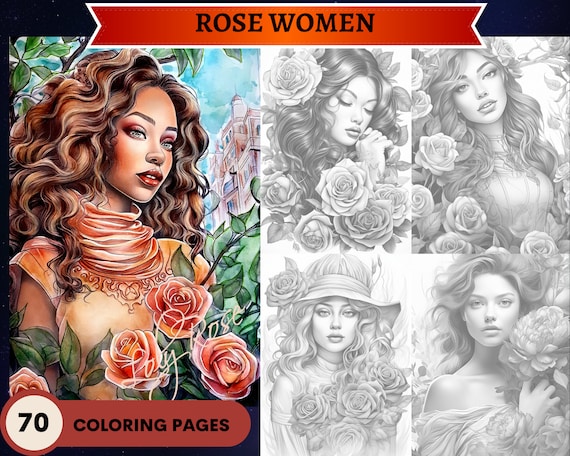 Women with roses grayscale coloring pages women with flowers bright and dark versions printable adult coloring pages download pdf
