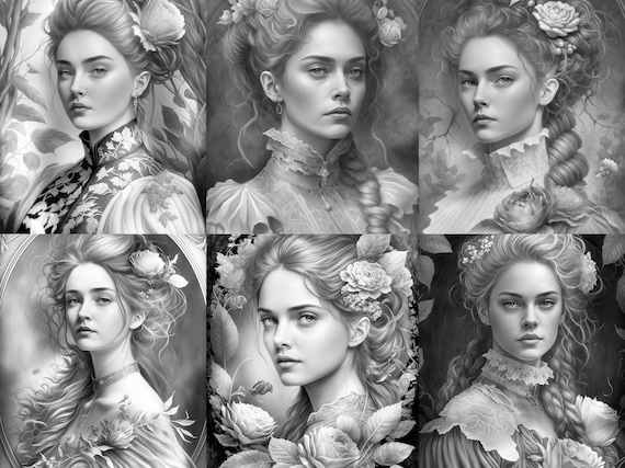 Beautiful victorian women with roses set coloring pages printable adult coloring pages download grayscale illustration
