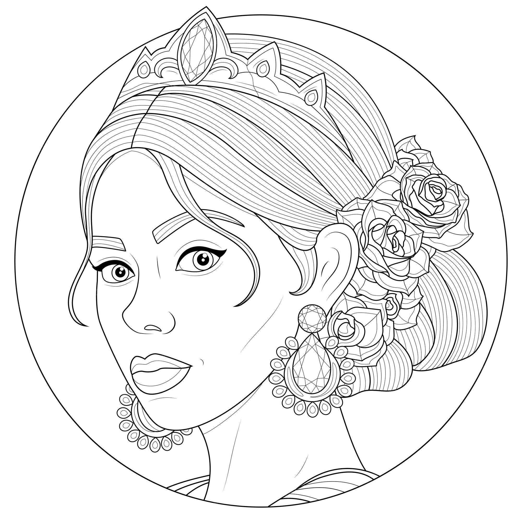 Premium vector girl with a crown and roses in her haircoloring book antistress for children and adults illustration isolated on white background