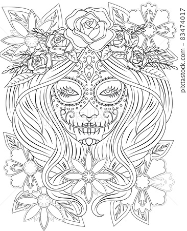 Tattooed lady face line drawing with long hair