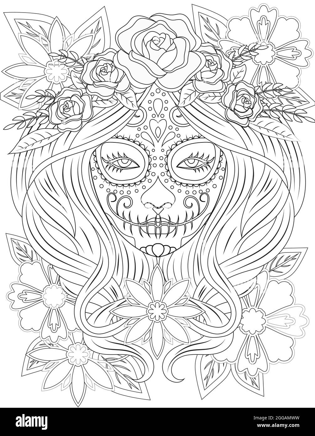 Tattooed lady face line drawing with long hair wearing beautiful floral head dress head of a woman drawing has lengthy hairstyle roses on top of her stock vector image art