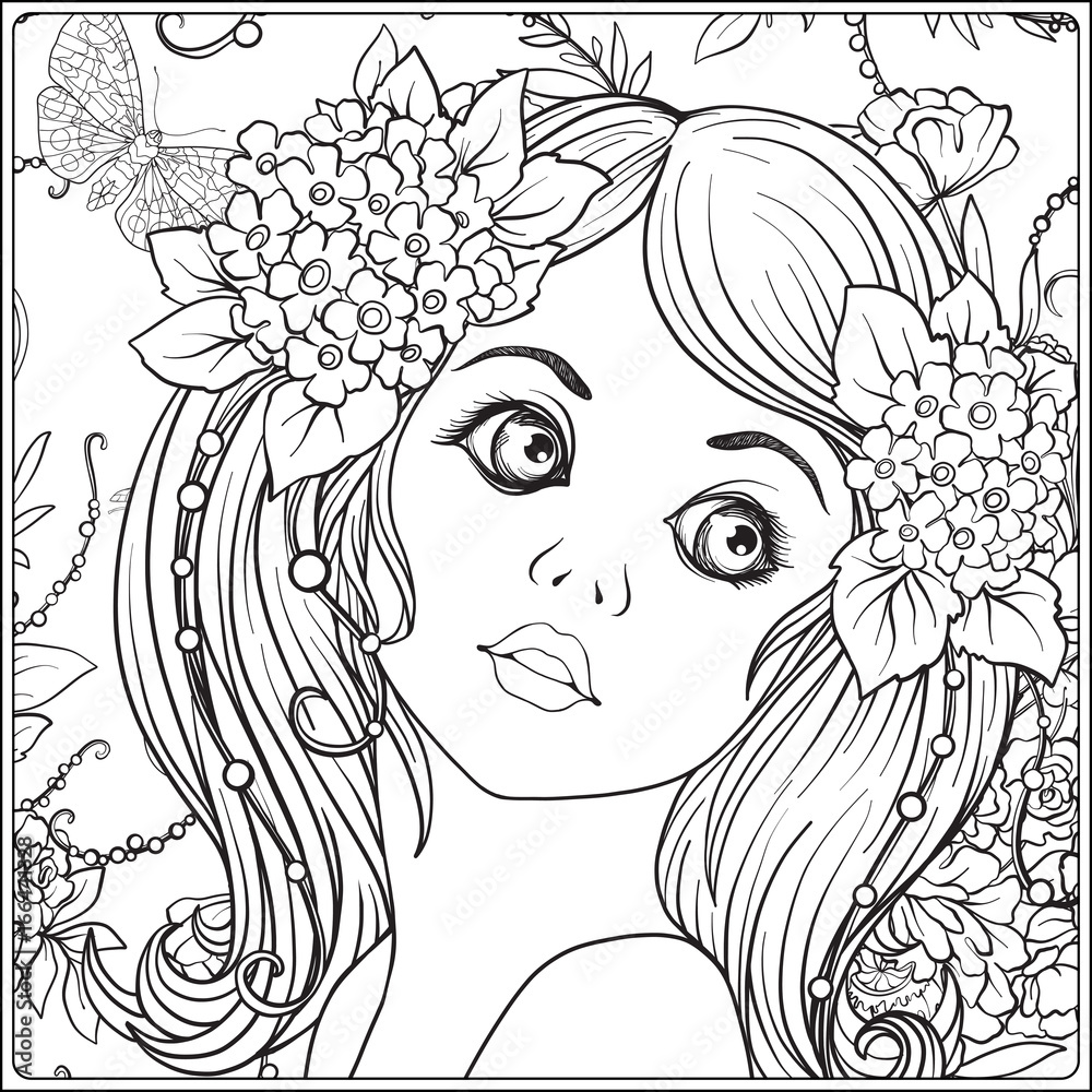 A young beautiful girl with a wreath of flowers on her head against the background of a flower pattern outline hand drawing coloring page for adult coloring book vector