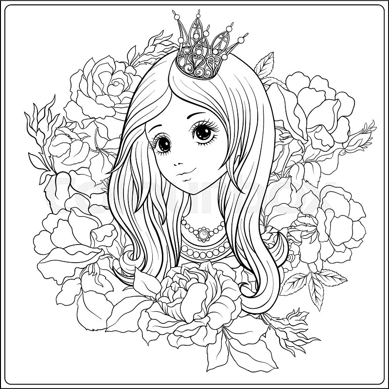Young nice girl in princess crown in the garden of roses outlin stock vector