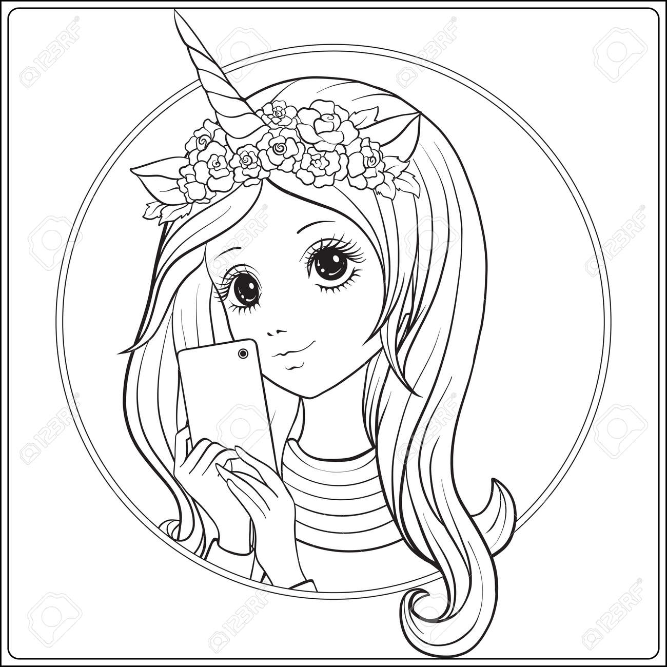 Young nice girl with long hear and unicorn horn and roses on her head make selfie or photograph on a mobile phone outline drawing coloring page coloring book for adult stock vector