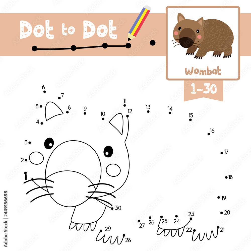 Dot to dot educational game and coloring book happy wombat animal cartoon character vector illustration vector