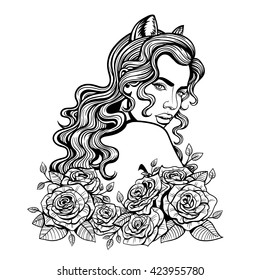 Vector black white vintage woman roses stock vector royalty free