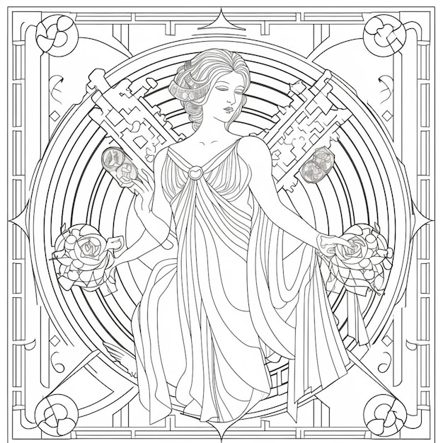 Premium ai image a coloring page of a woman with a sword and roses generative ai