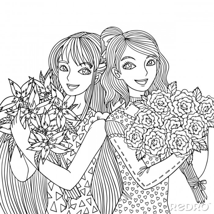 Fototapeta two girls smiles and holds bouquets with lilies and roses coloring na wymiar â siostra dziewczyna farbowanie â