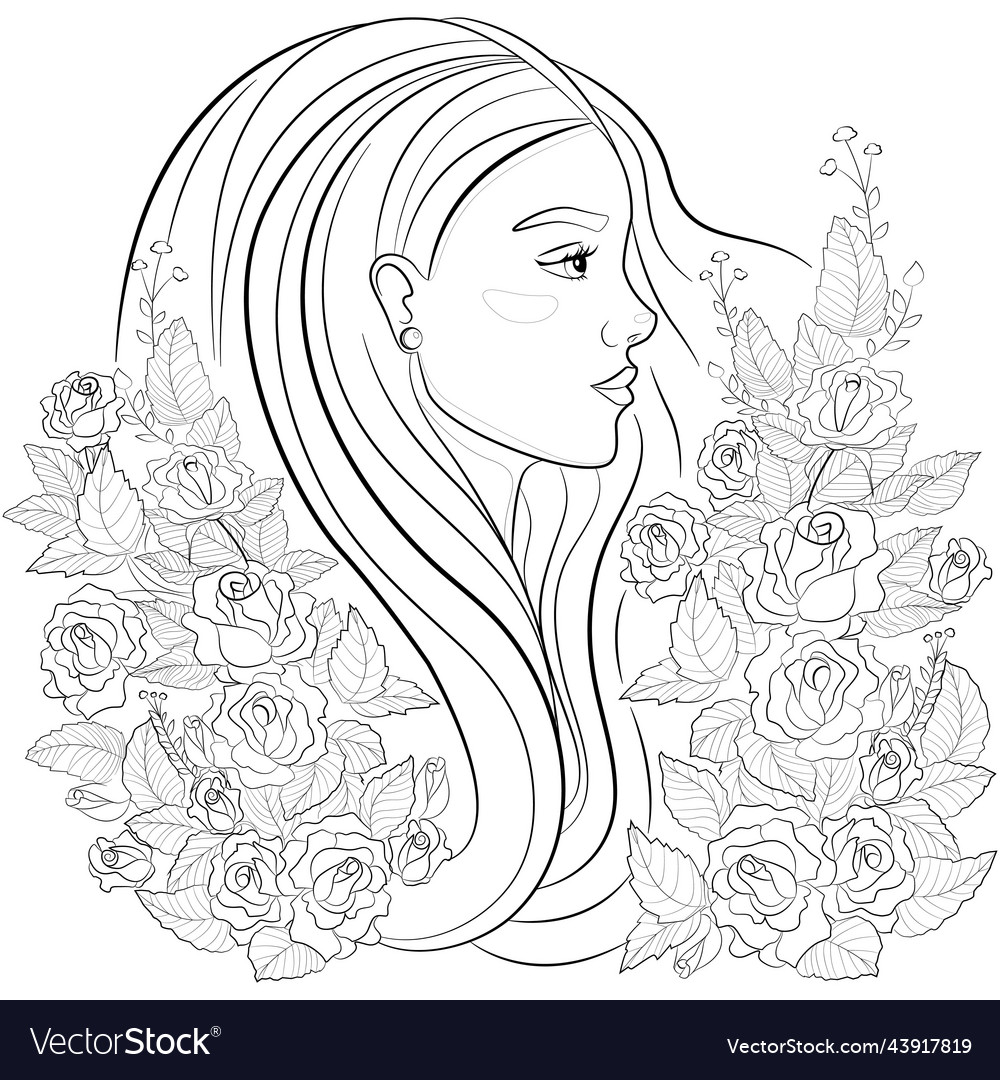 Beautiful young girl among roses coloring book vector image