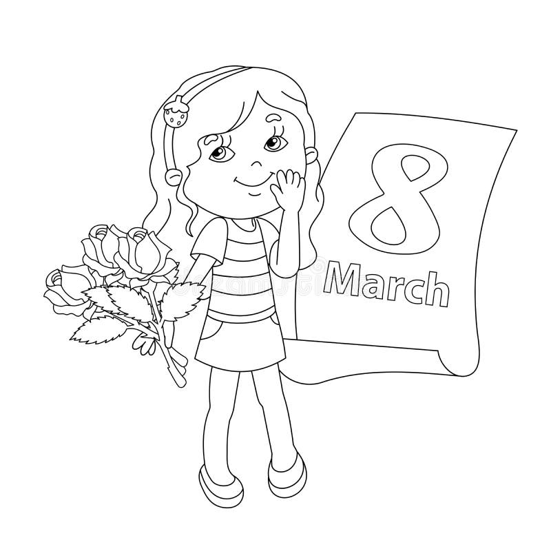 Coloring page outline of girl with flowers march stock vector