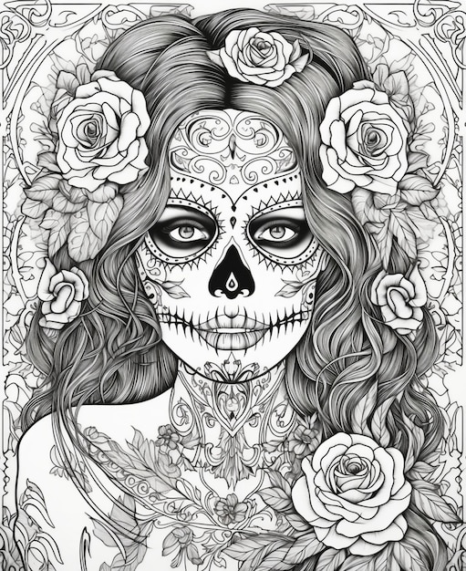 Premium ai image day of the dead woman with roses on her face