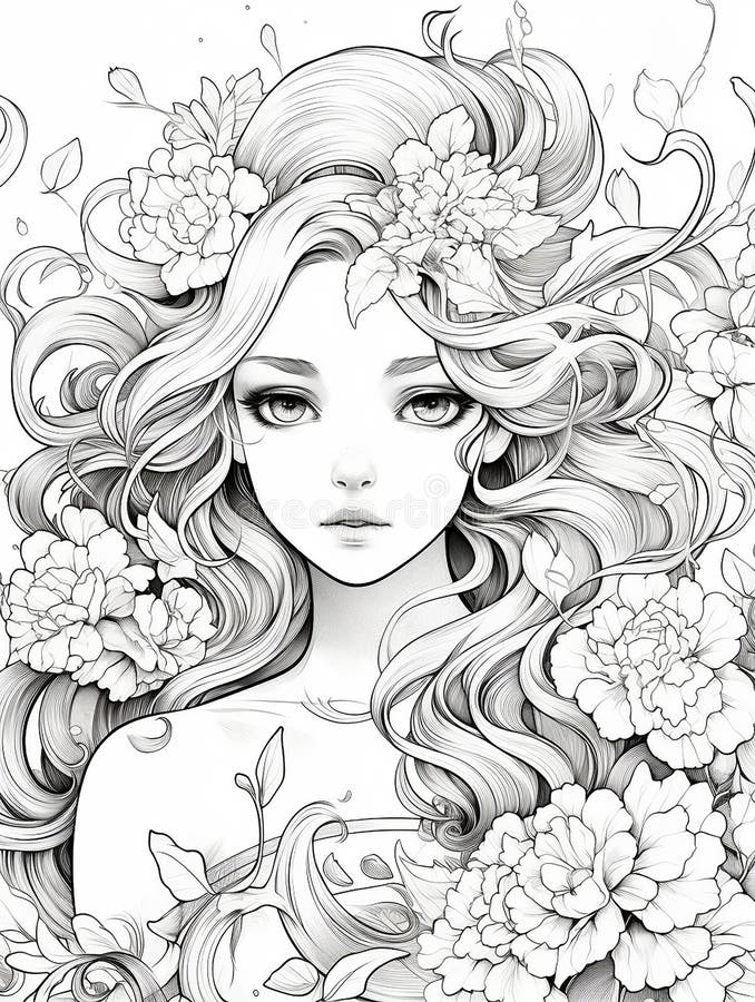 Coloring page portrait girl flowers hair stock illustrations â coloring page portrait girl flowers hair stock illustrations vectors clipart