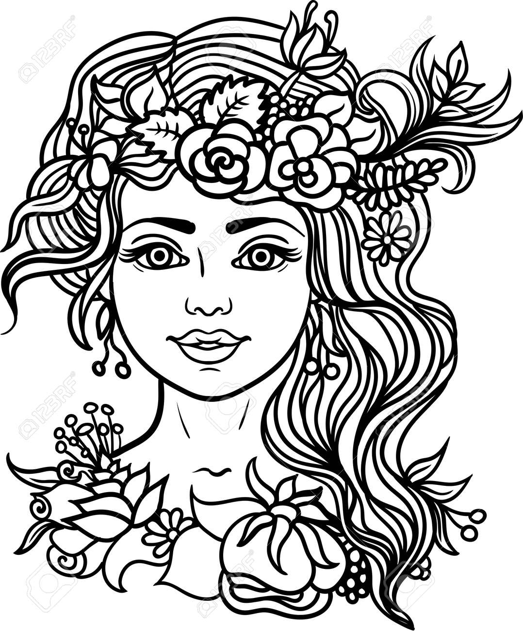 Woman coloring pageforest nymph with wreath of flowers and herbstattoo coloring royalty free svg cliparts vectors and stock illustration image