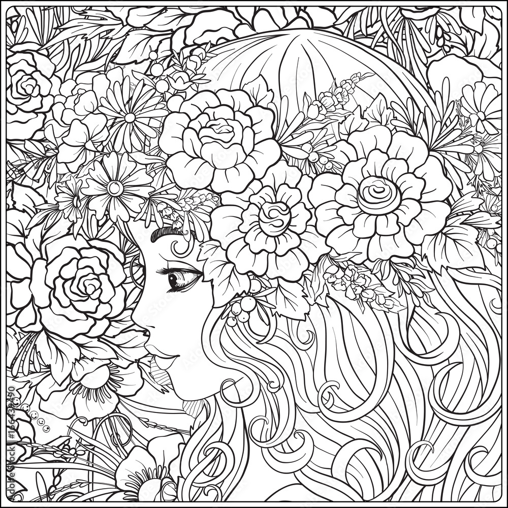 A young beautiful girl with a wreath of flowers on her head against the background of a flower pattern outline hand drawing coloring page for adult coloring book vector