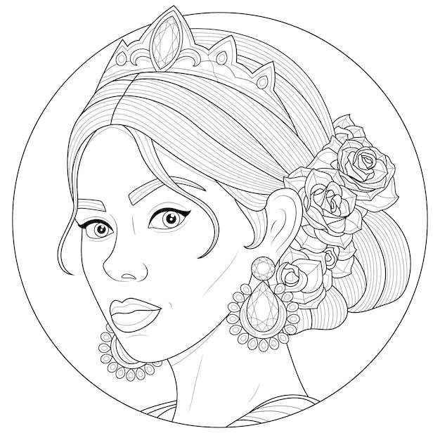 Premium vector girl with a crown and roses in her haircoloring book antistress for children and adults illustration isolated on white background