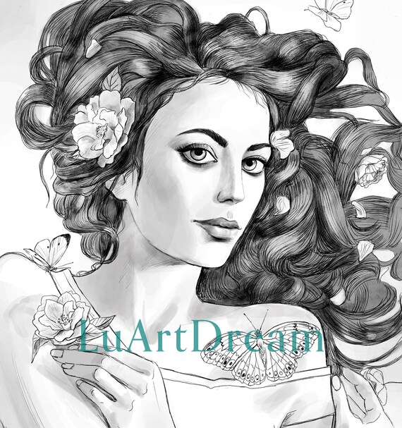 Coloring page lovely girl and roses printable grayscale coloring page digital download pdf jpg