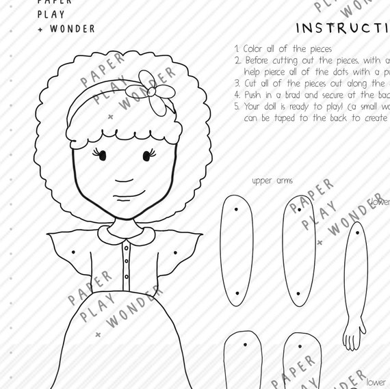 Articulated paper dollpuppet coloring page african american girl printable digital download