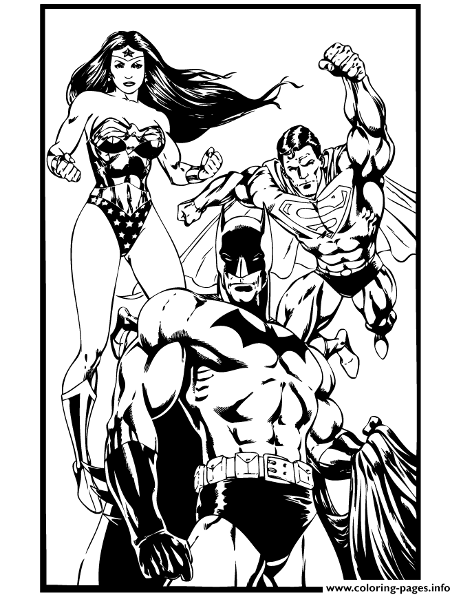 Superhero batman superman and wonder woman coloring page printable
