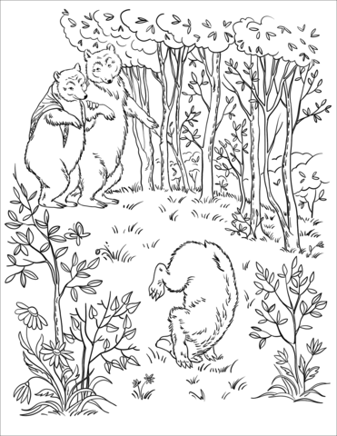 Three bears walk out into the wood coloring page free printable coloring pages