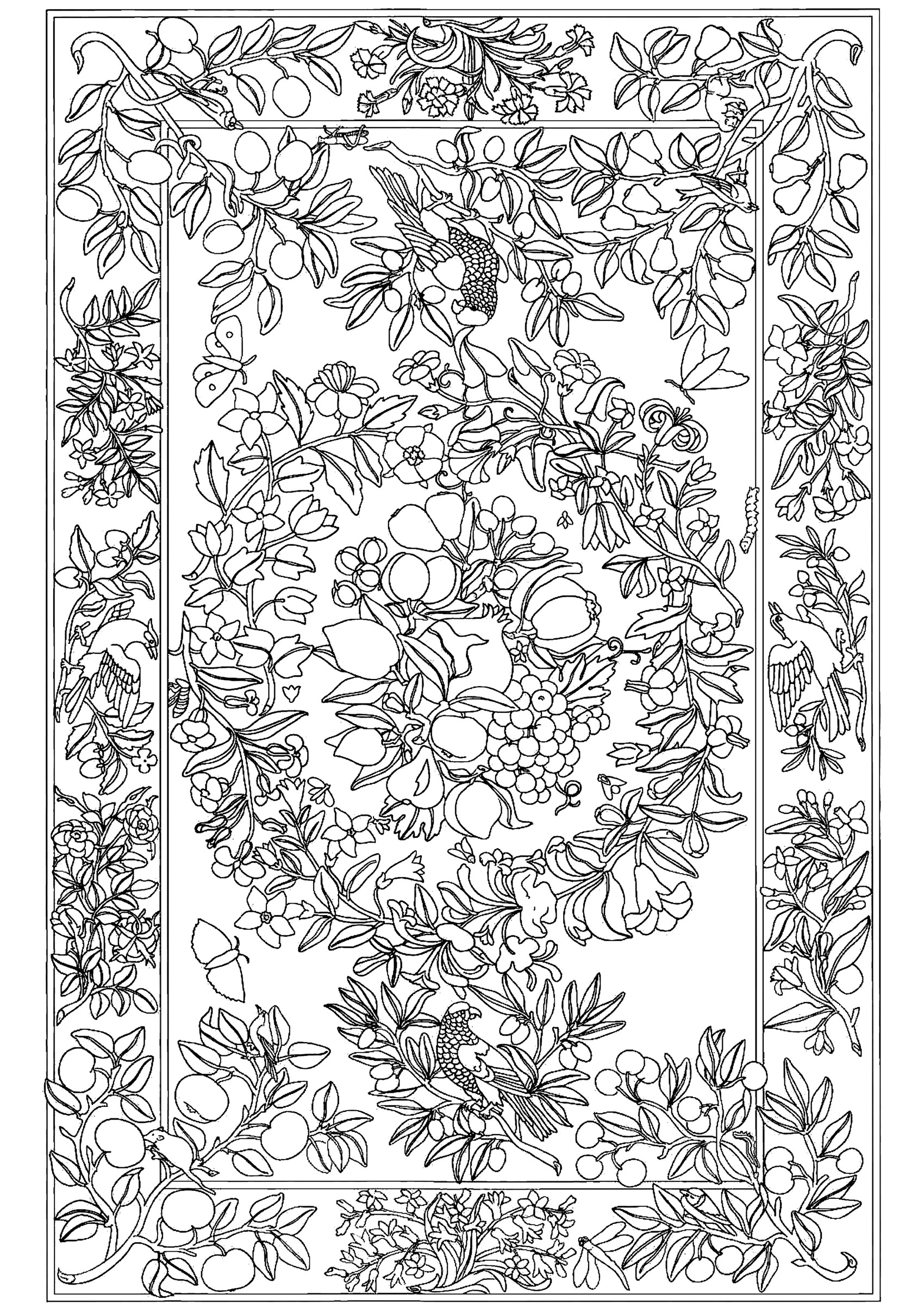 Flowers leaves and birds marquetry