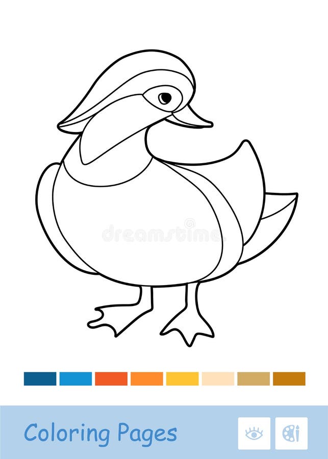 Colorless contour image of a mandarin duck isolated on white and suggested palette wild birds preschool kids coloring stock vector