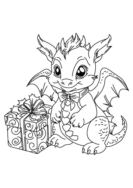 Premium vector funny dragon with a gift box coloring page for children