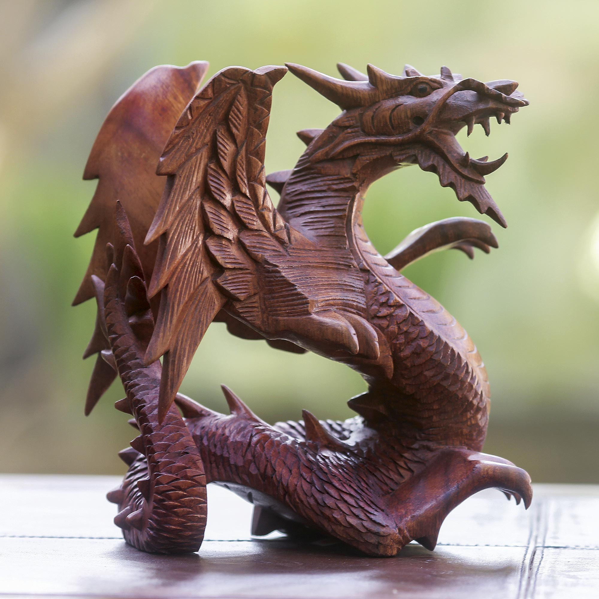 Hand carved wood dragon sculpture