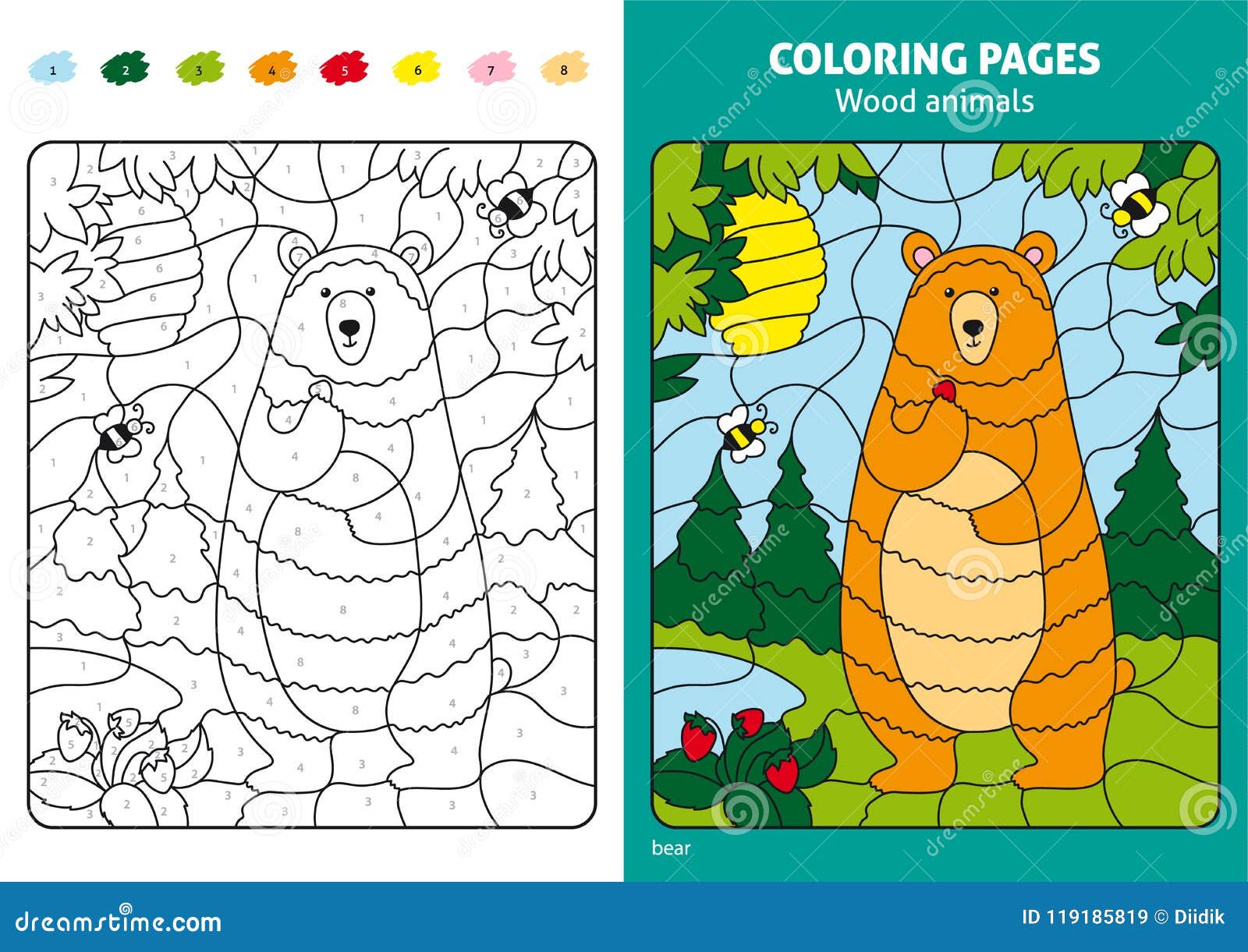 Wood animals coloring page for kids bear in forest stock vector